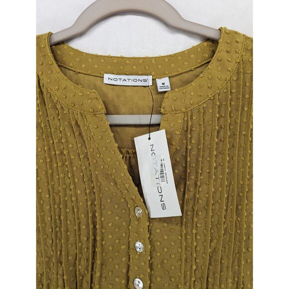 Notations Textured Blouse M Brown Split VNeck Button Roll Cuff Sleeve Hi Low Hem - Picture 3 of 9